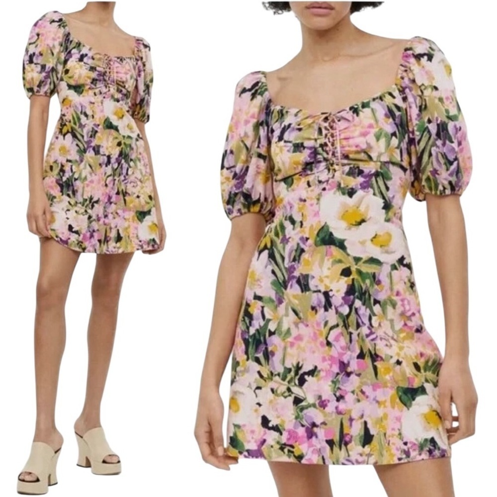 H&M Small Floral Puff Sleeve Mini Dress Corset Tie Front Cottagecore Spring
